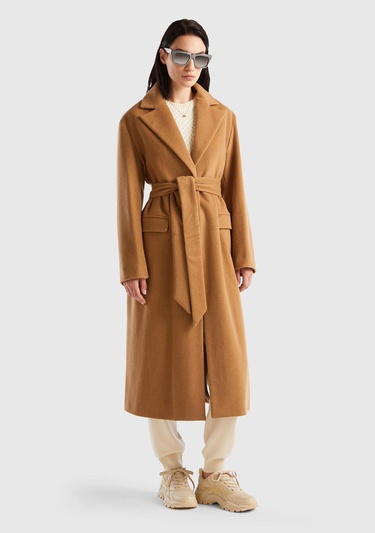  Kadın Taba Yün Karışımlı Belden Bağlamalı Palto