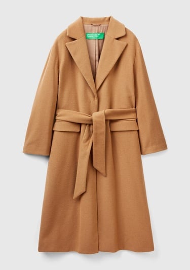  Kadın Taba Yün Karışımlı Belden Bağlamalı Palto