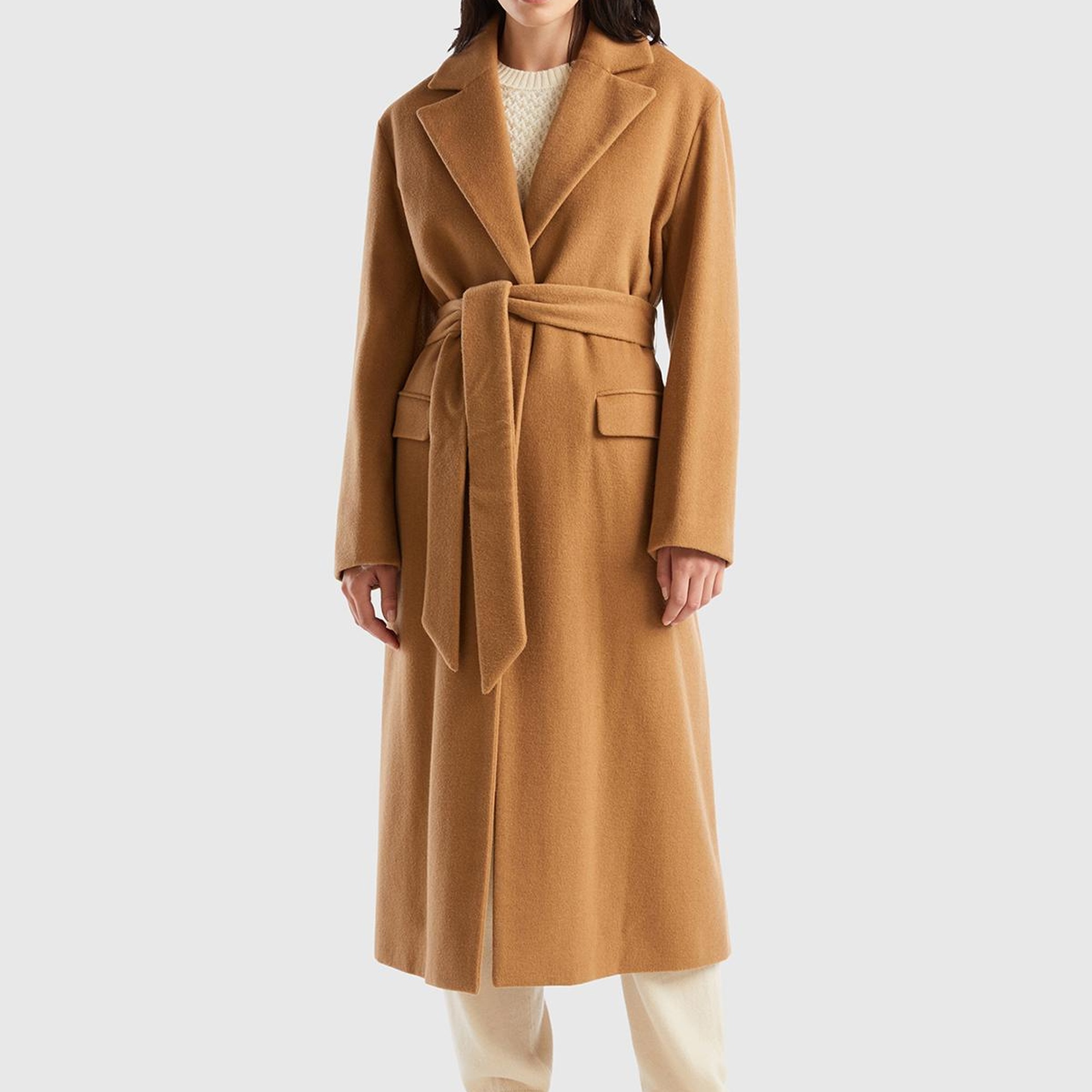 Kadın Taba Yün Karışımlı Belden Bağlamalı Palto