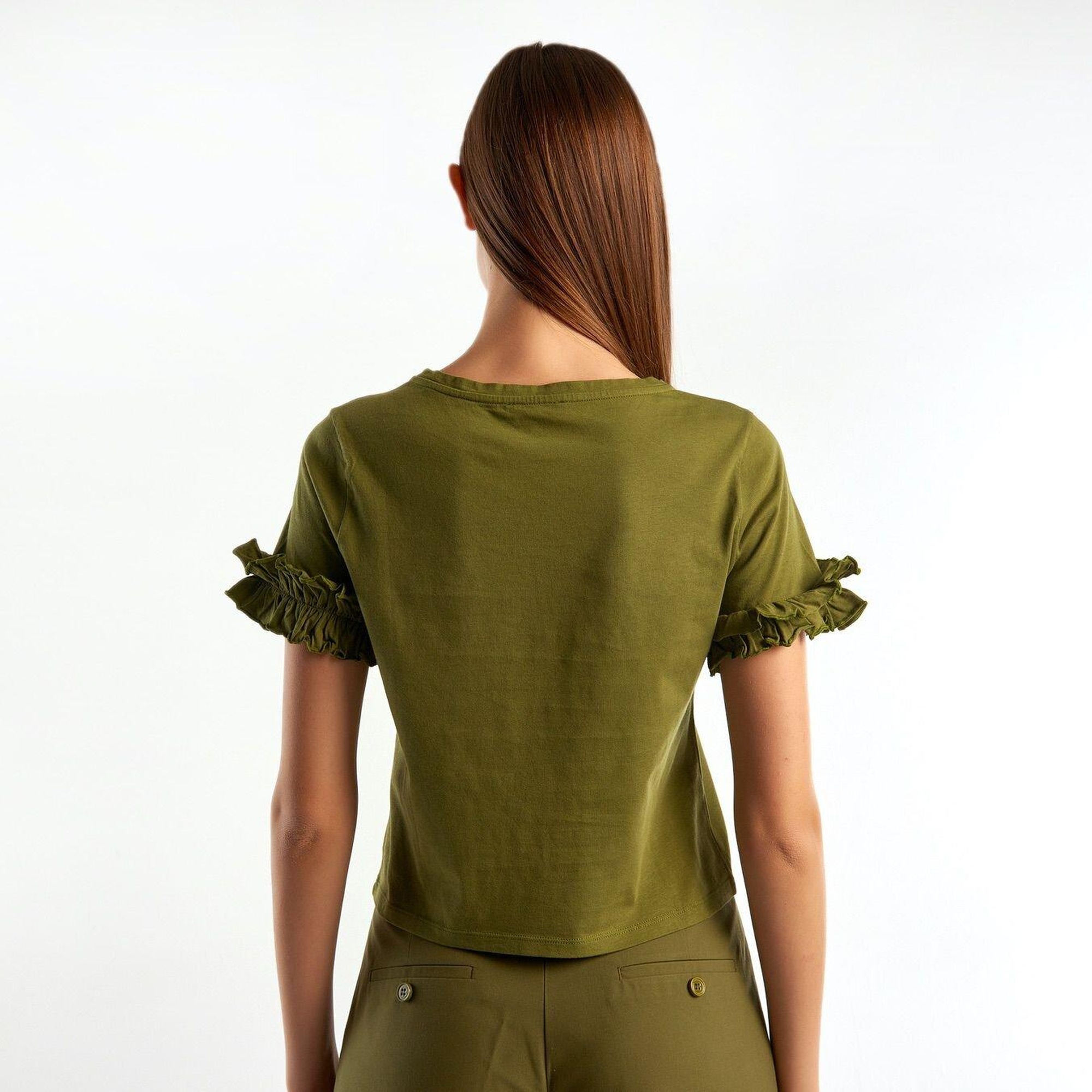 Kadın Zeytin Yeşili %100 Koton Kolu Fırfırlı T-Shirt