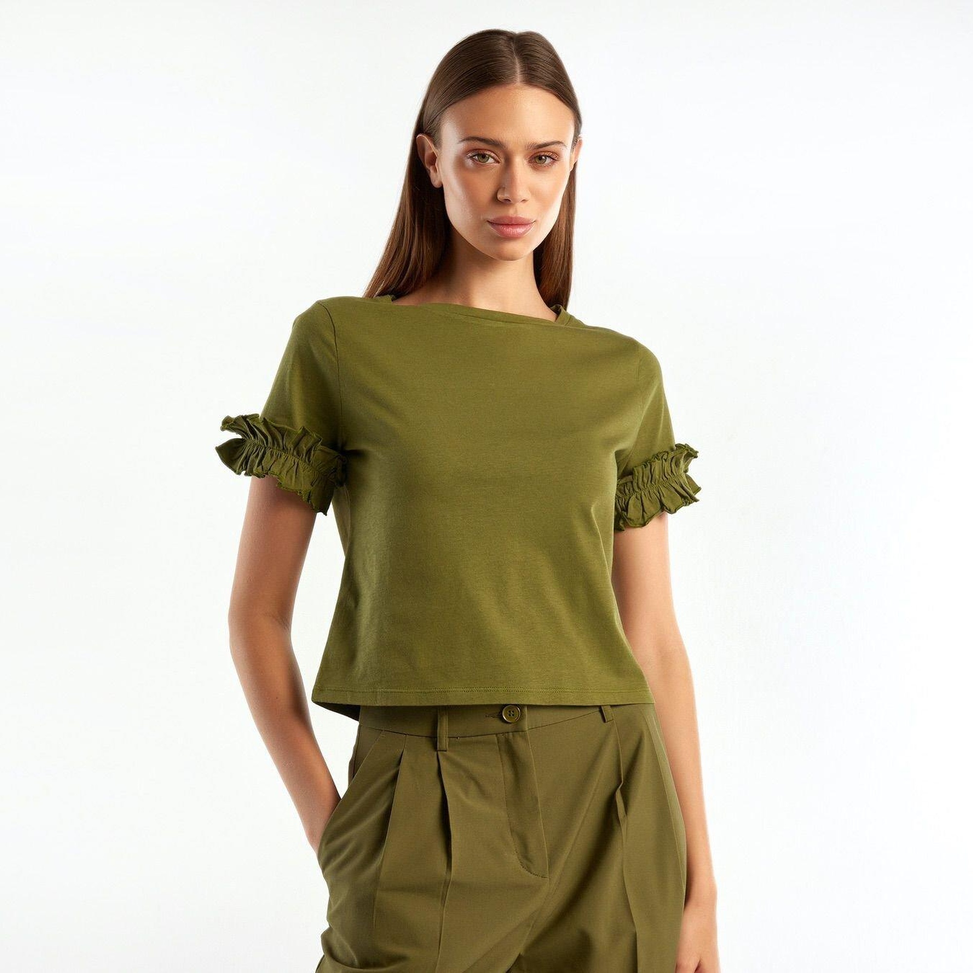 Kadın Zeytin Yeşili %100 Koton Kolu Fırfırlı T-Shirt