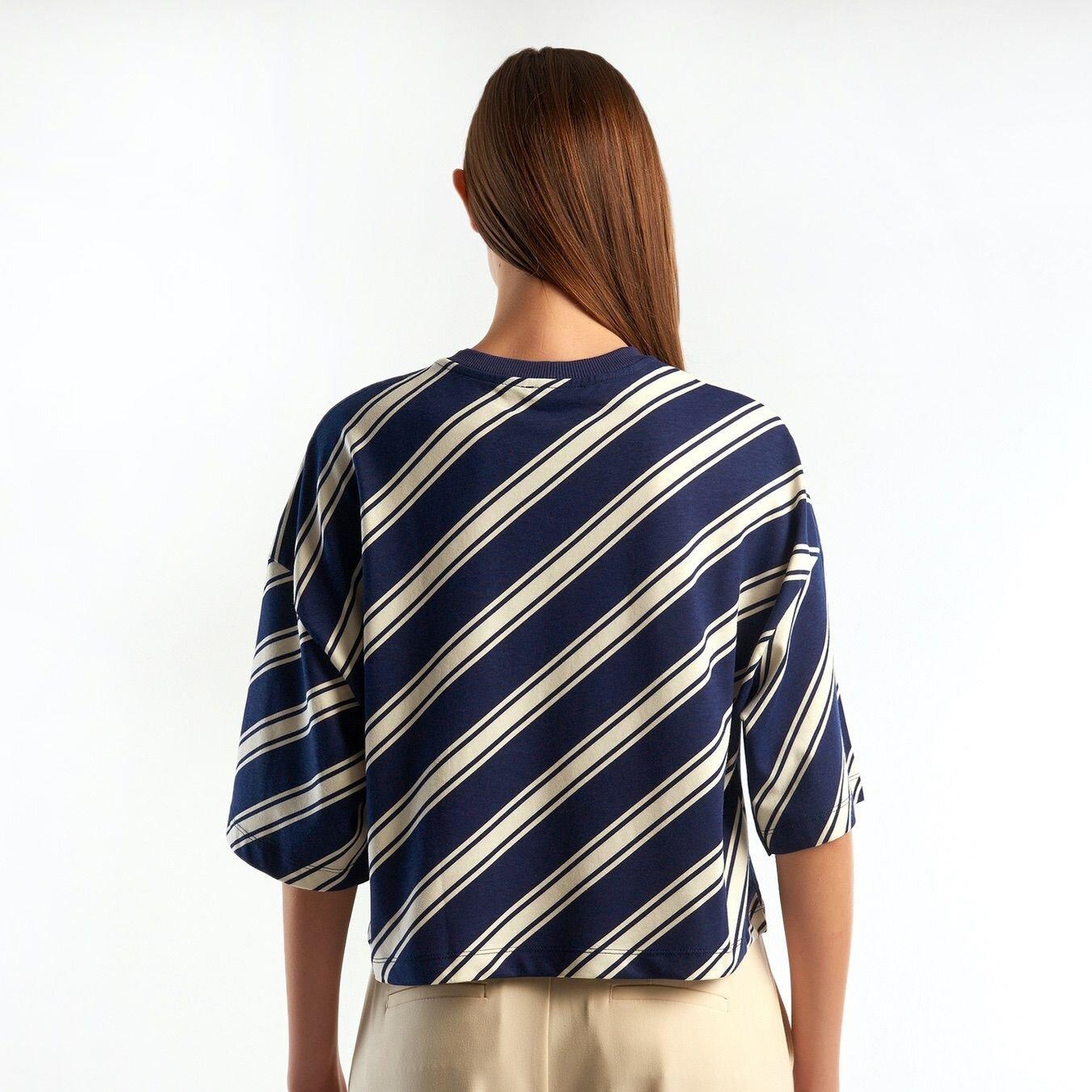 Kadın Lacivert Mix %100 Koton OversiZE Crop T-Shirt