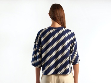  Kadın Lacivert Mix %100 Koton OversiZE Crop T-Shirt