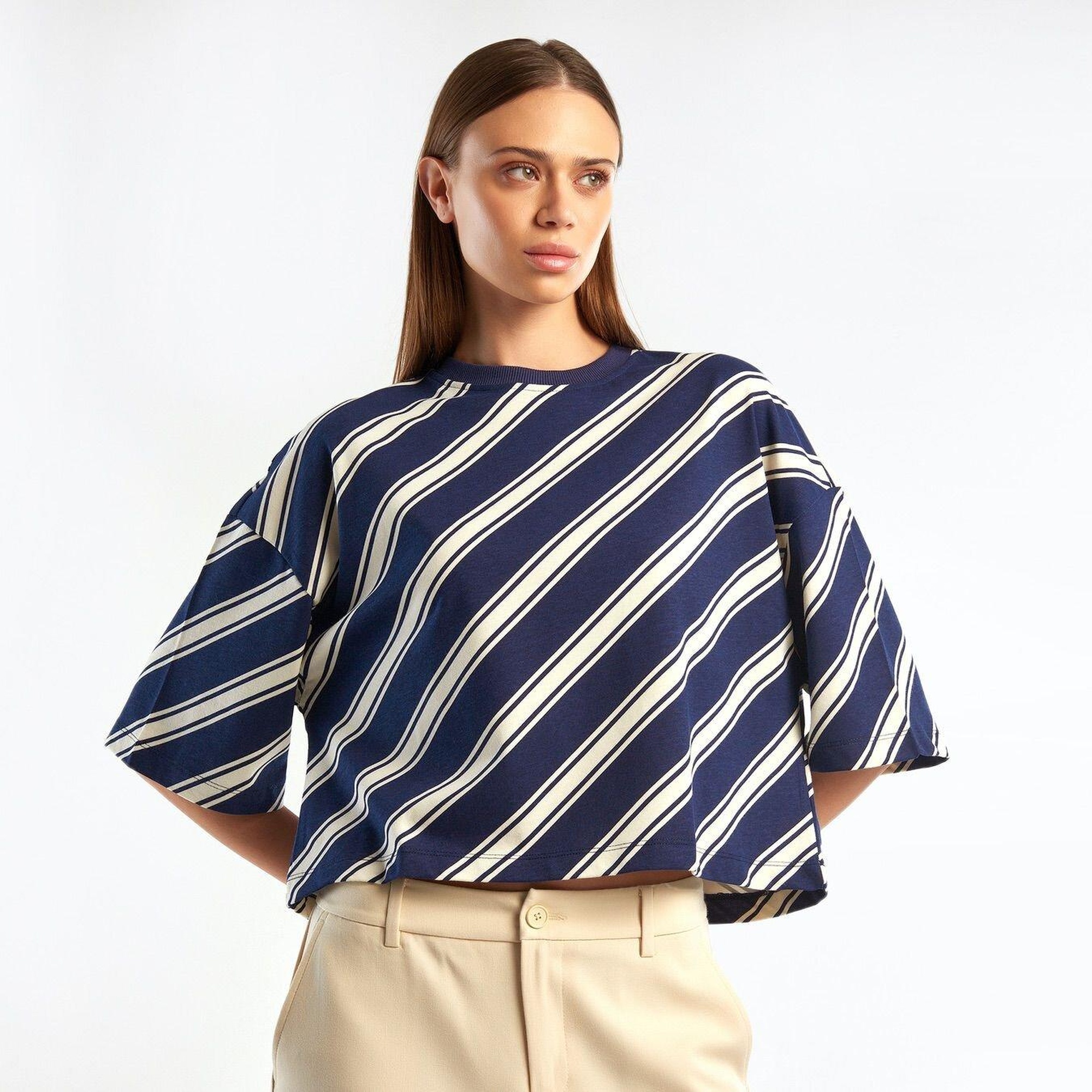 Kadın Lacivert Mix %100 Koton OversiZE Crop T-Shirt