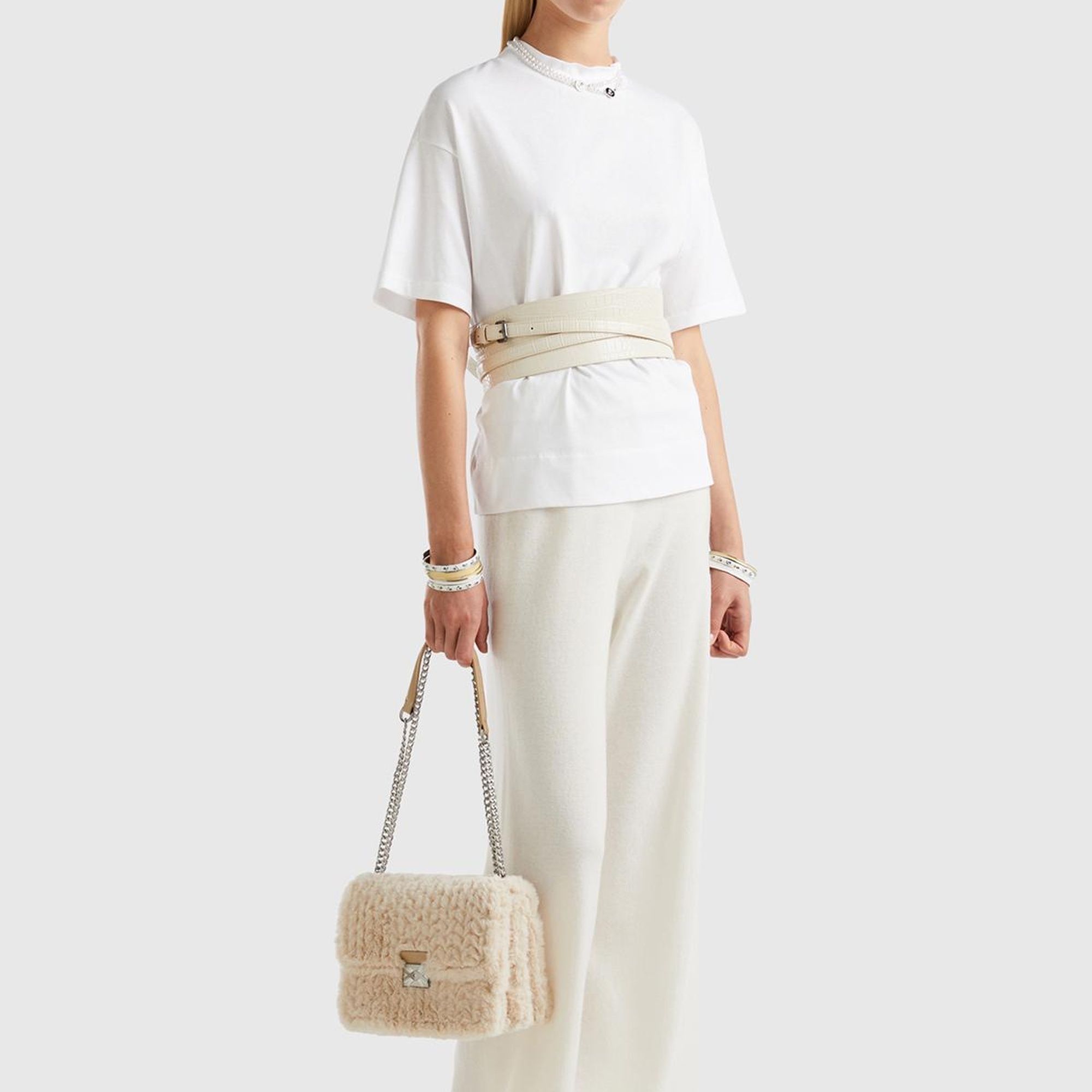 Kadın Beyaz %100 Koton Oversize Yarım Balıkçı T-Shirt