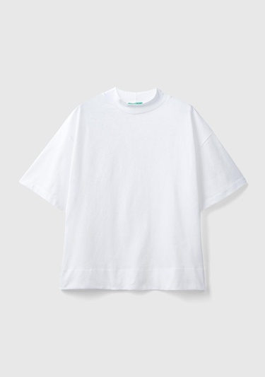  Kadın Beyaz %100 Koton Oversize Yarım Balıkçı T-Shirt