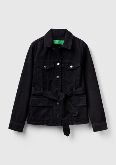  Kadın Siyah Belden Bağlamalı Denim Ceket