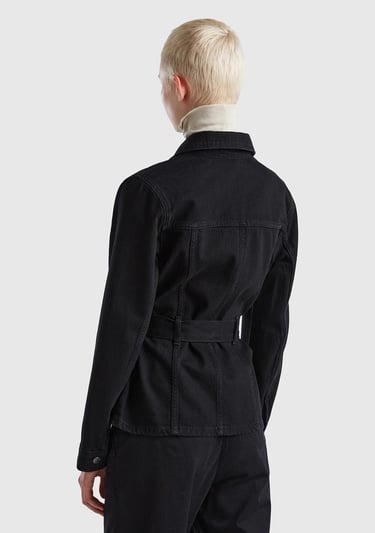  Kadın Siyah Belden Bağlamalı Denim Ceket