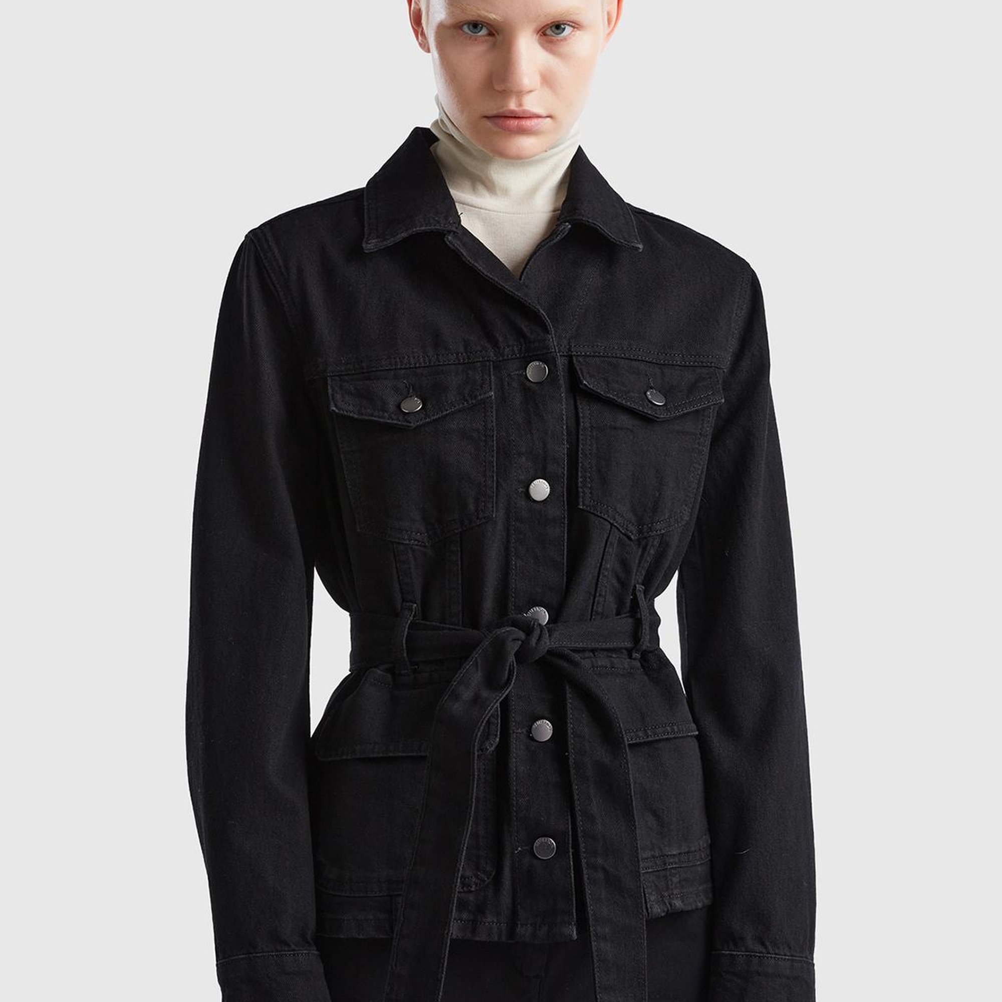 Kadın Siyah Belden Bağlamalı Denim Ceket