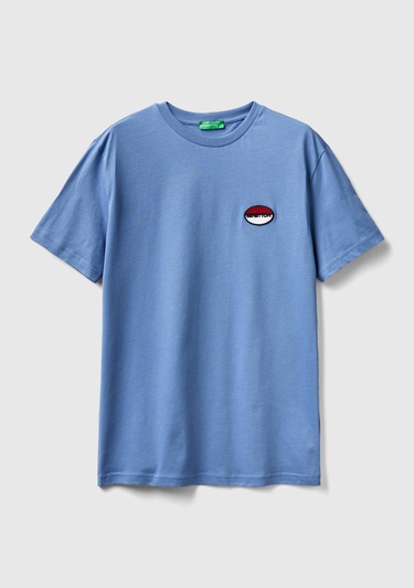  Unisex Havacı Mavi Rahat KALIP Benetton Logo İşlemeli T-Shirt