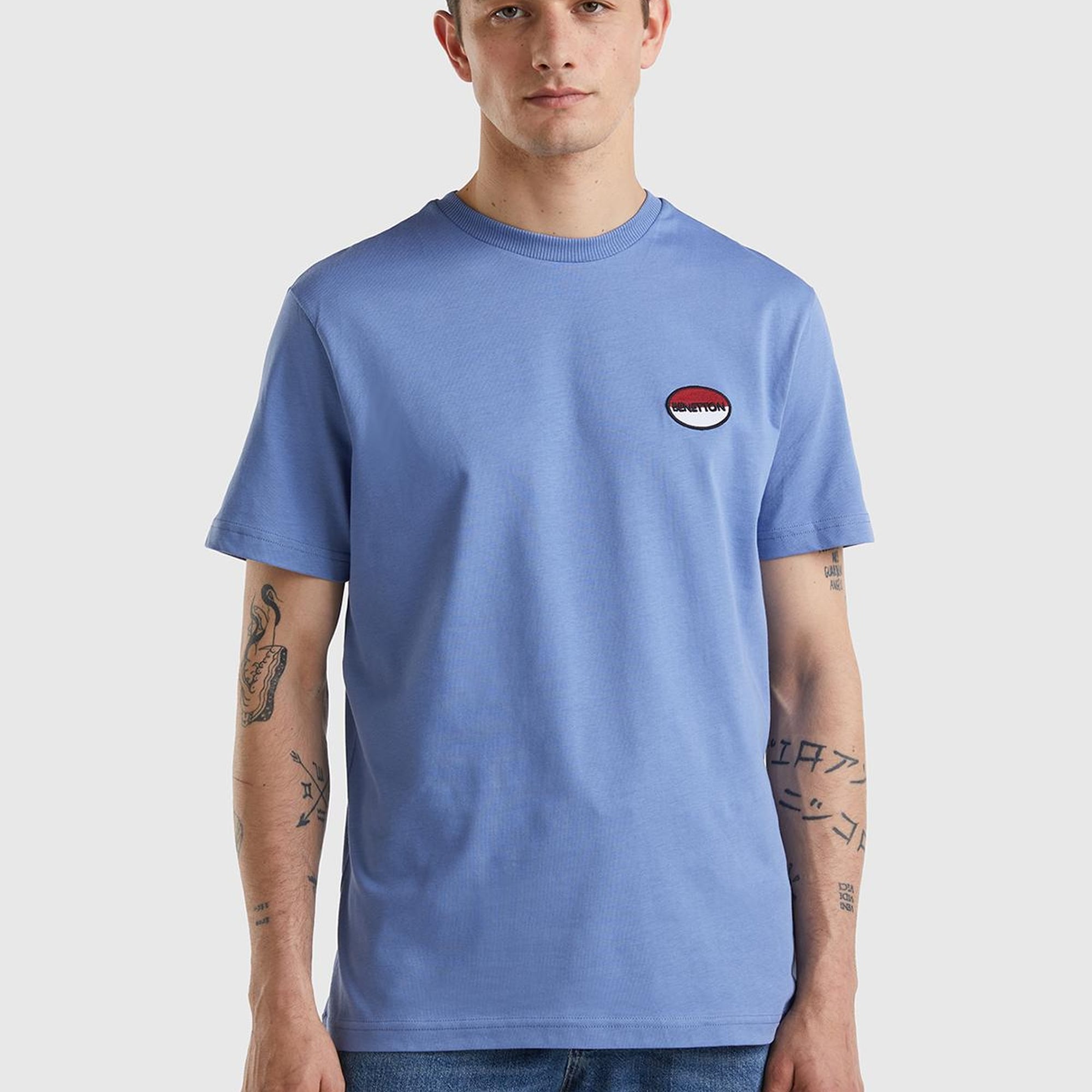 Unisex Havacı Mavi Rahat KALIP Benetton Logo İşlemeli T-Shirt