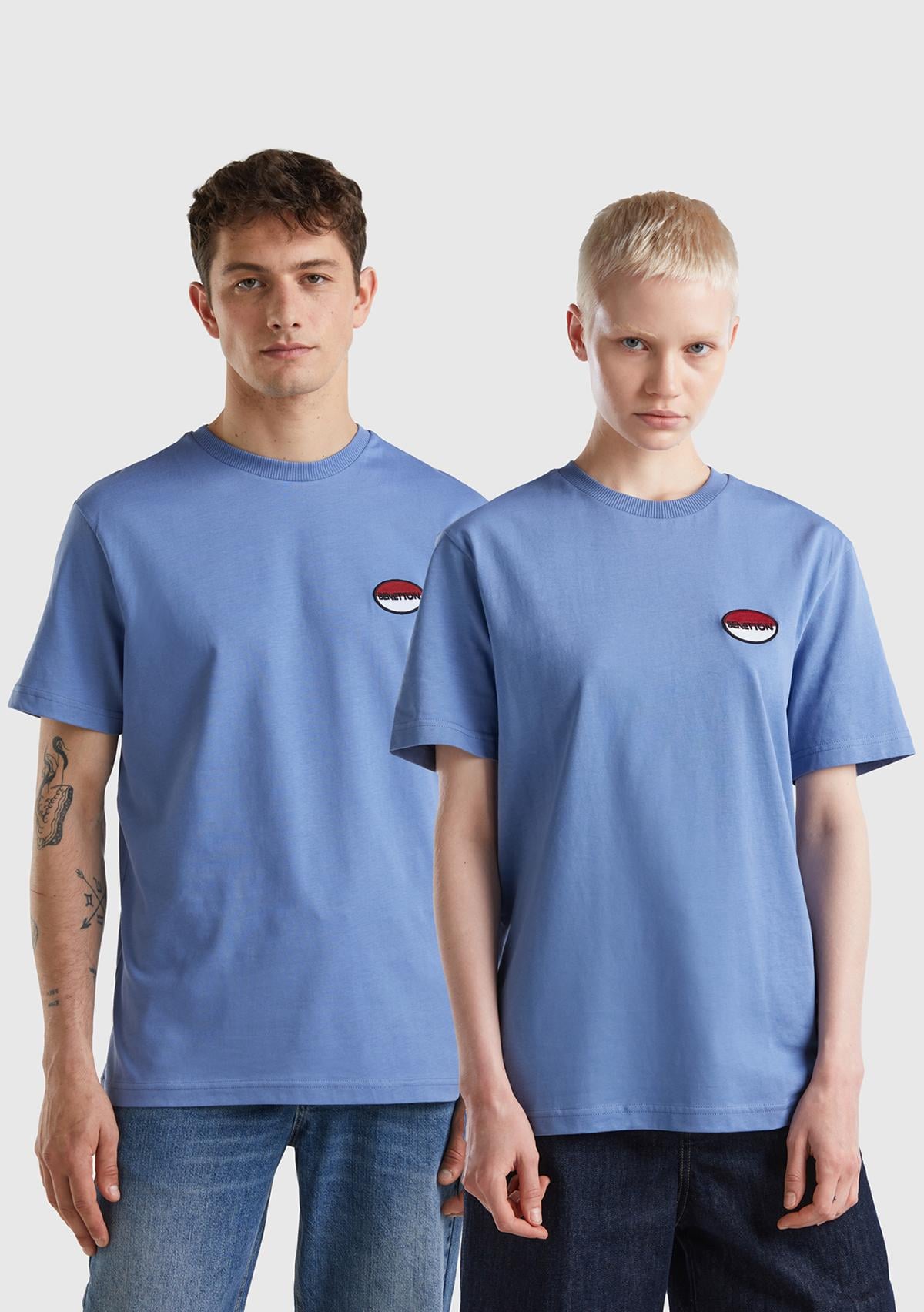  Unisex Havacı Mavi Rahat KALIP Benetton Logo İşlemeli T-Shirt
