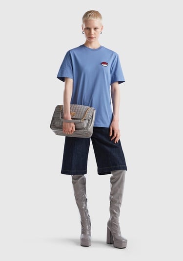  Unisex Havacı Mavi Rahat KALIP Benetton Logo İşlemeli T-Shirt