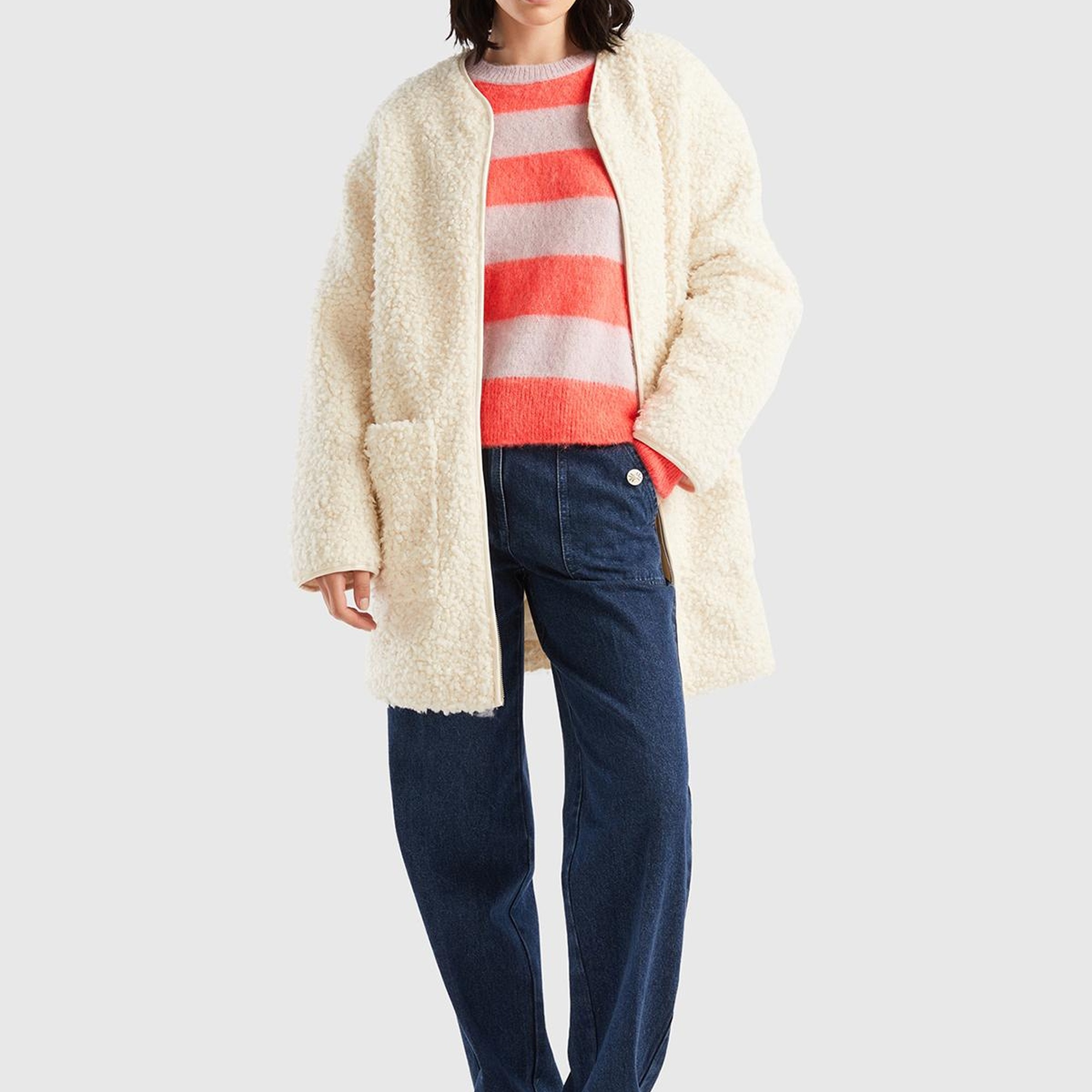 Kadın Krem Yakasız İnce Mont