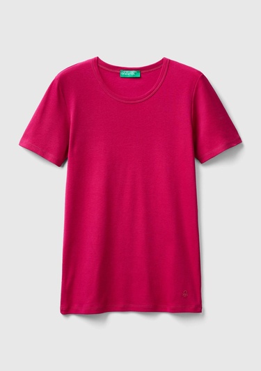  Kadın Koyu Fuşya Basic Kısa Kollu Bisiklet Yaka Tshirt