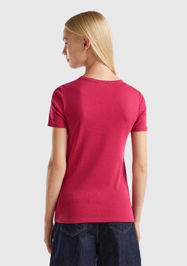  Kadın Koyu Fuşya Basic Kısa Kollu Bisiklet Yaka Tshirt