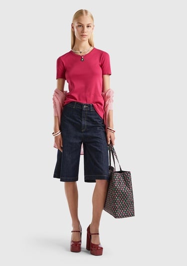  Kadın Koyu Fuşya Basic Kısa Kollu Bisiklet Yaka Tshirt