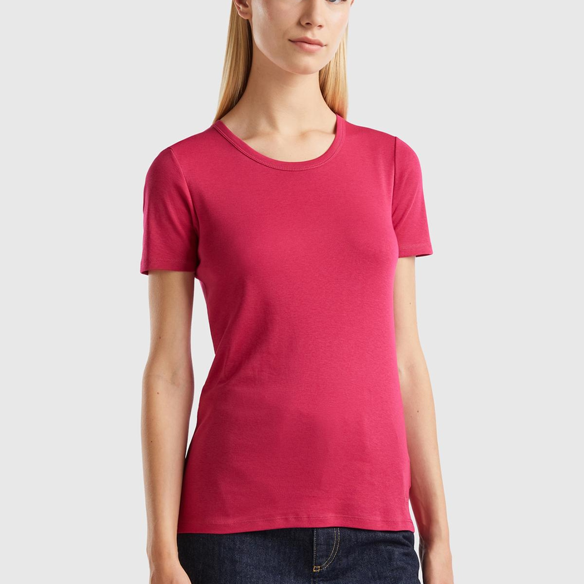 Kadın Koyu Fuşya Basic Kısa Kollu Bisiklet Yaka Tshirt