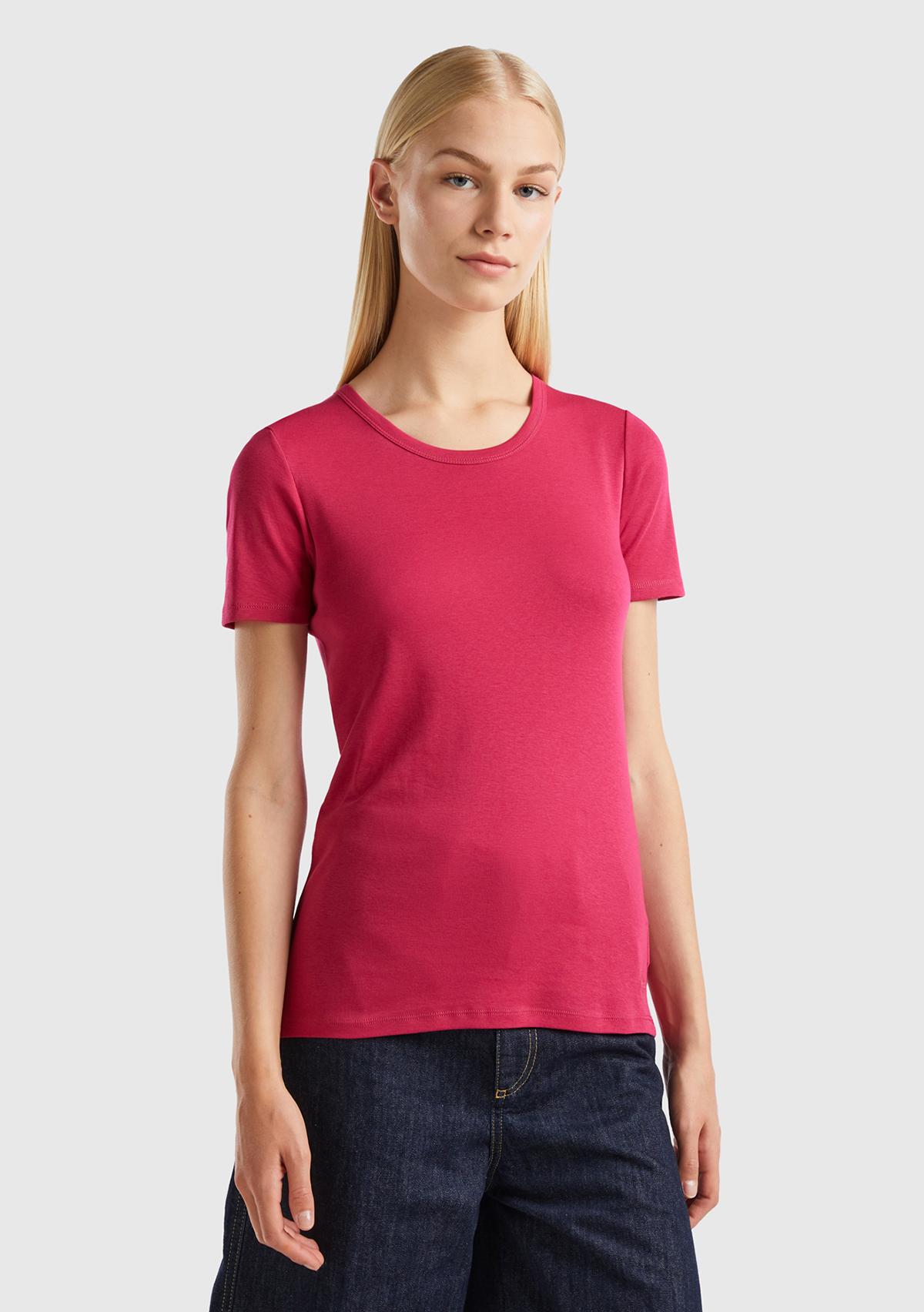  Kadın Koyu Fuşya Basic Kısa Kollu Bisiklet Yaka Tshirt