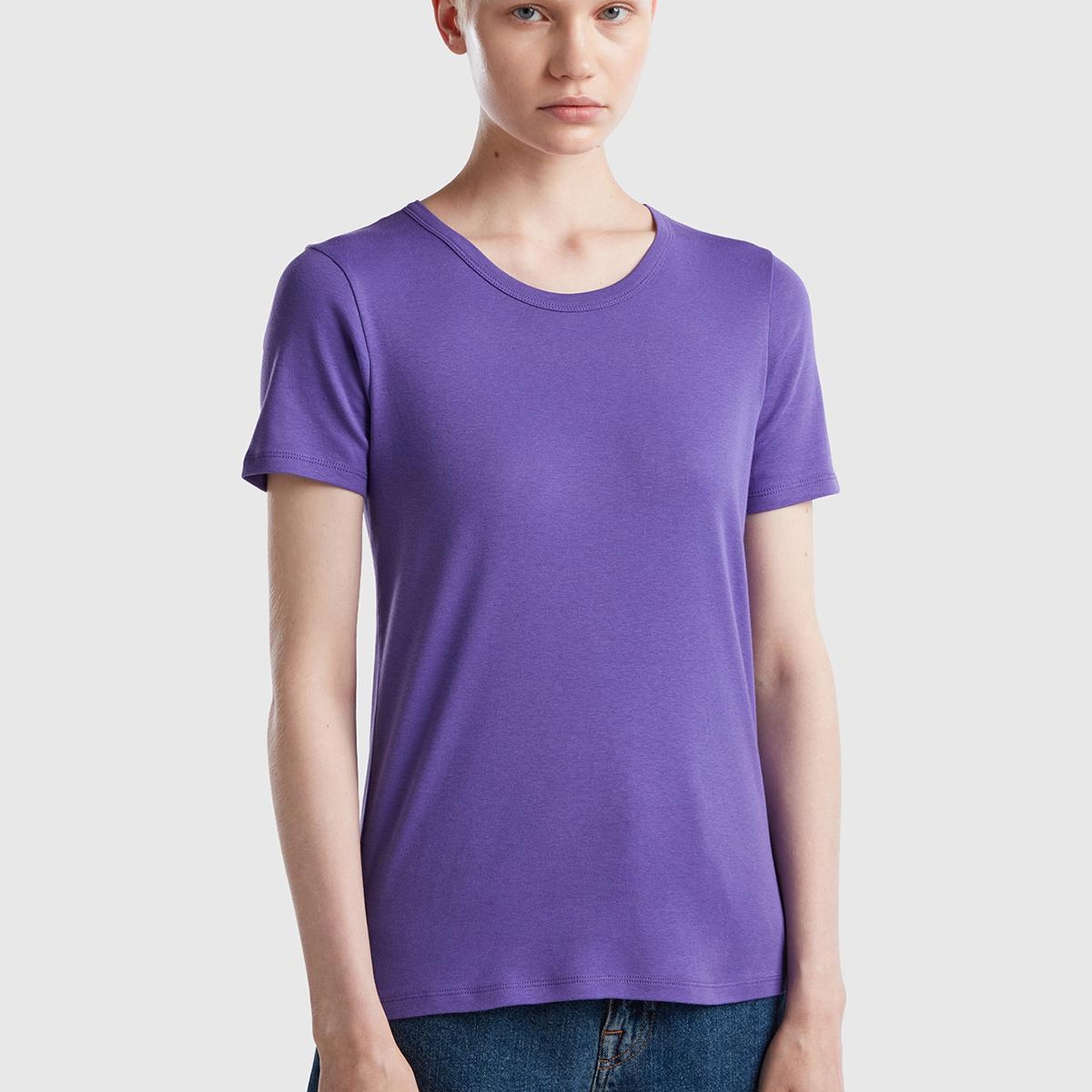 Kadın Mor Basic Kısa Kollu Bisiklet Yaka Tshirt