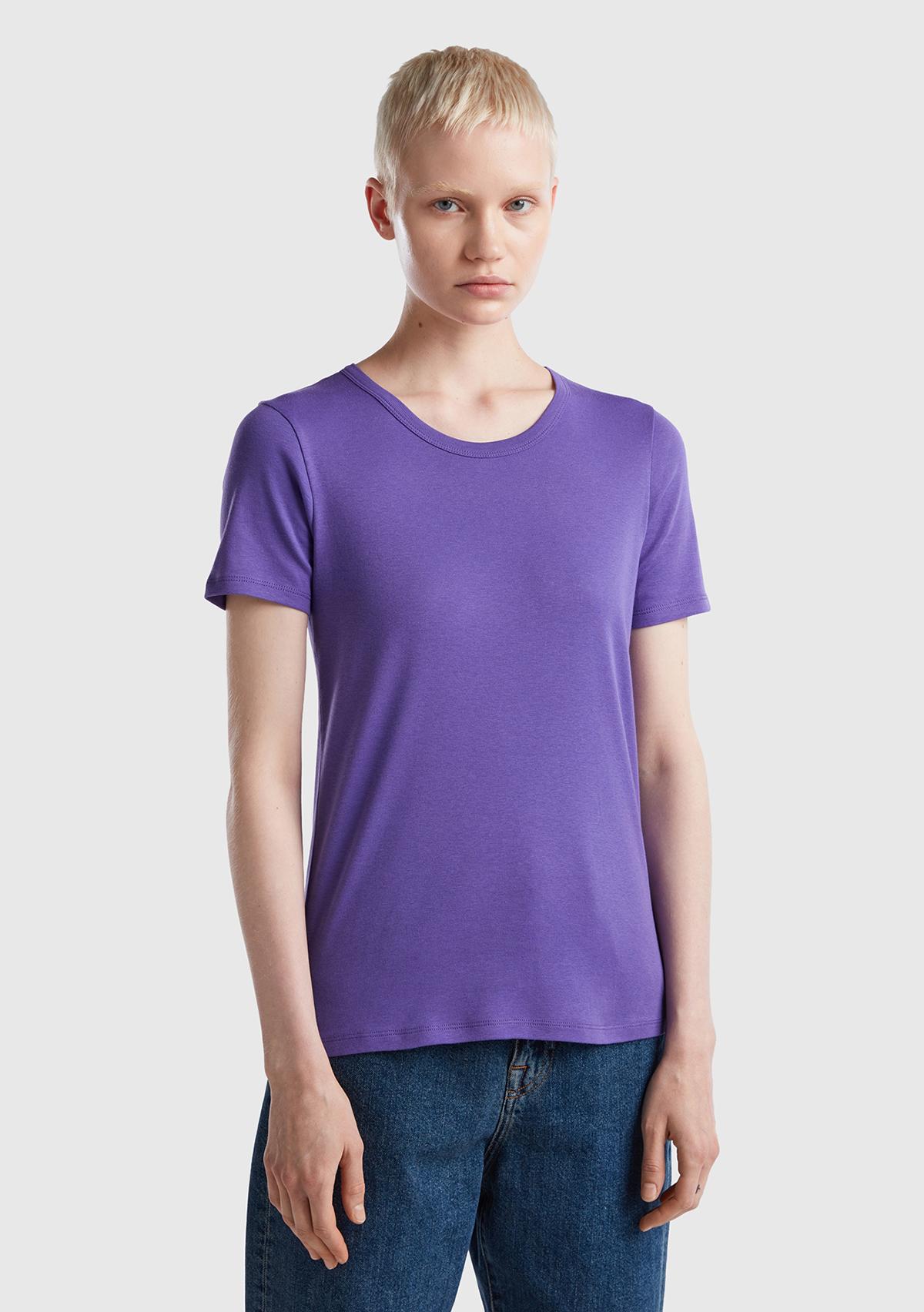  Kadın Mor Basic Kısa Kollu Bisiklet Yaka Tshirt