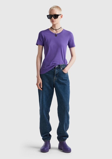  Kadın Mor Basic Kısa Kollu Bisiklet Yaka Tshirt