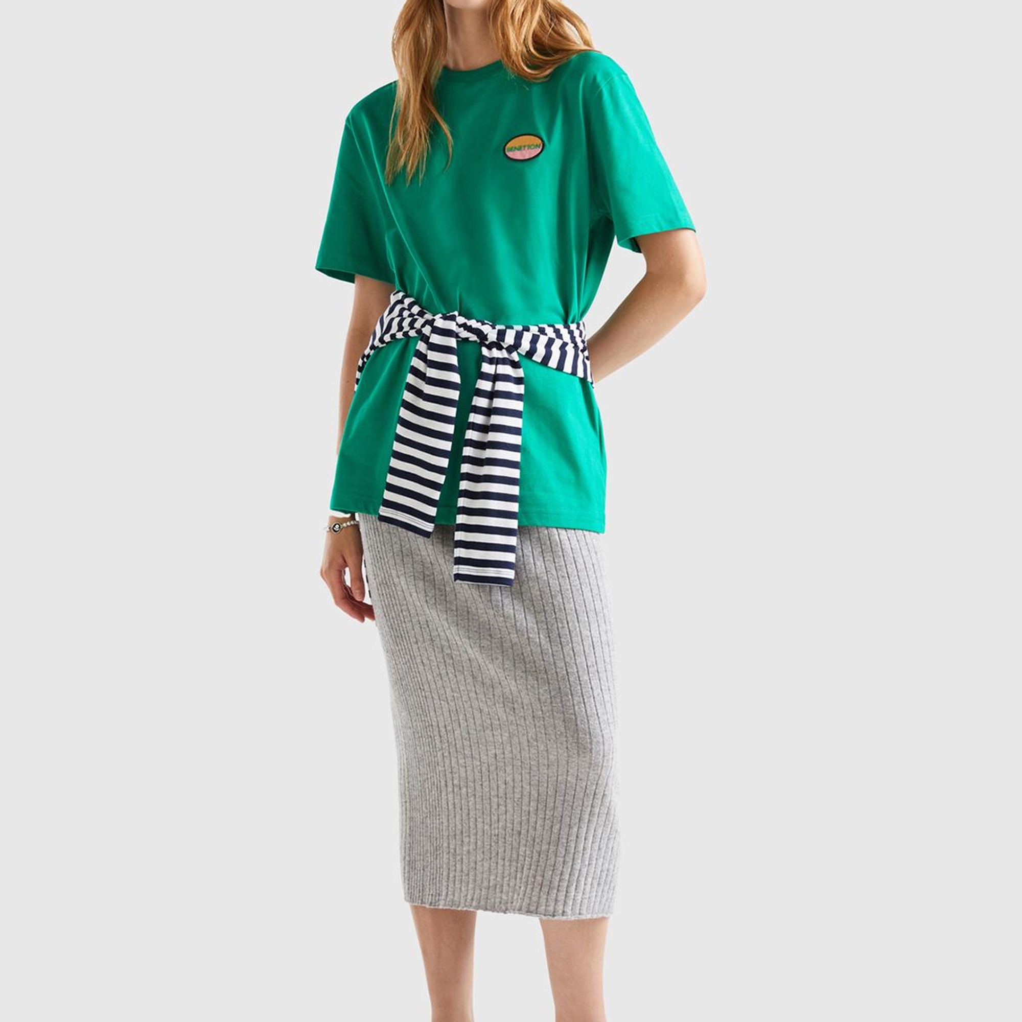 Unisex Yeşil Rahat KALIP Benetton Logo İşlemeli T-Shirt