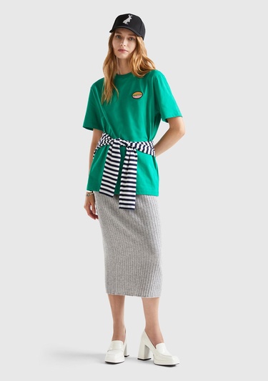  Unisex Yeşil Rahat KALIP Benetton Logo İşlemeli T-Shirt