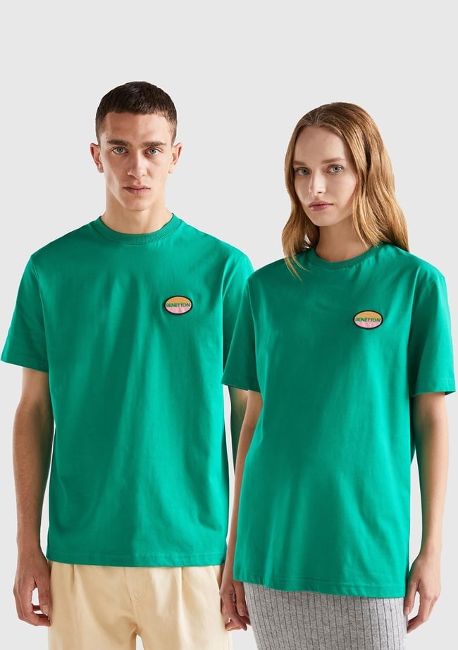  Unisex Yeşil Rahat KALIP Benetton Logo İşlemeli T-Shirt