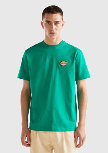  Unisex Yeşil Rahat KALIP Benetton Logo İşlemeli T-Shirt