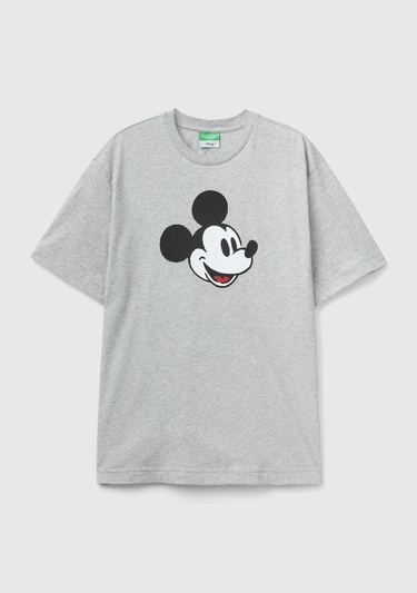  Unisex Gri Melanj %100 Koton Disney Baskılı T-Shirt