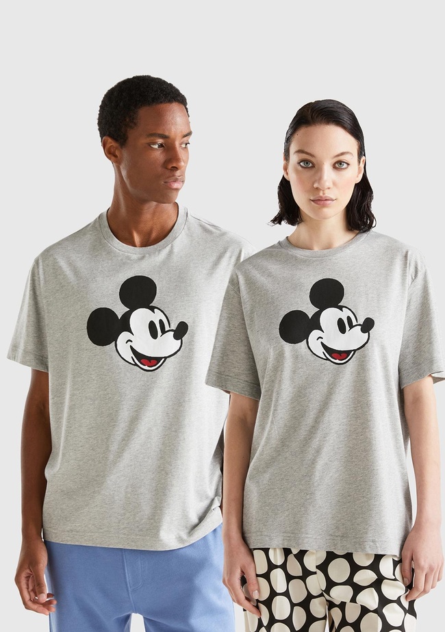 Unisex Gri Melanj %100 Koton Disney Baskılı T-Shirt