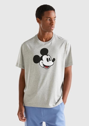 Unisex Gri Melanj %100 Koton Disney Baskılı T-Shirt