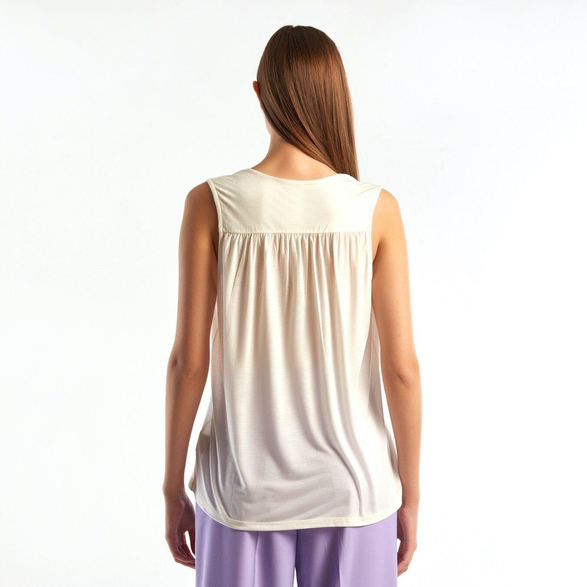 Kadın Krem %100 Liyosel V Yaka T-Shirt