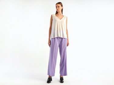  Kadın Krem %100 Liyosel V Yaka T-Shirt