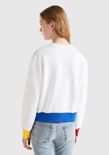  Kadın Beyaz Mix %100 Koton Rahat Kalıp Benetton Yazılı Sweatshirt