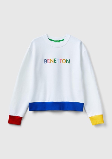  Kadın Beyaz Mix %100 Koton Rahat Kalıp Benetton Yazılı Sweatshirt