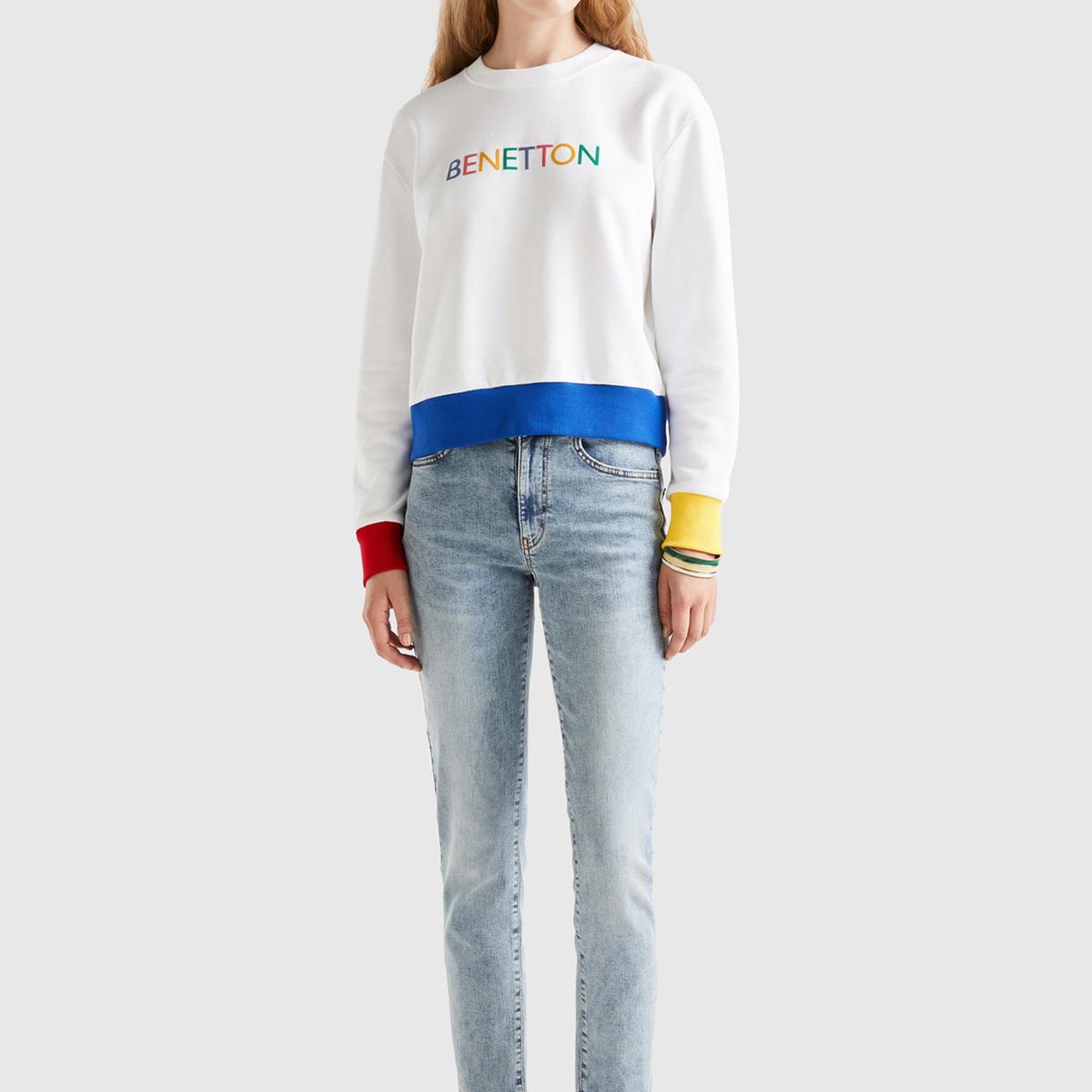 Kadın Beyaz Mix %100 Koton Rahat Kalıp Benetton Yazılı Sweatshirt