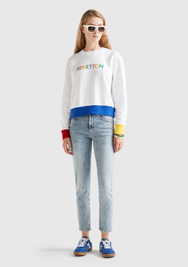  Kadın Beyaz Mix %100 Koton Rahat Kalıp Benetton Yazılı Sweatshirt