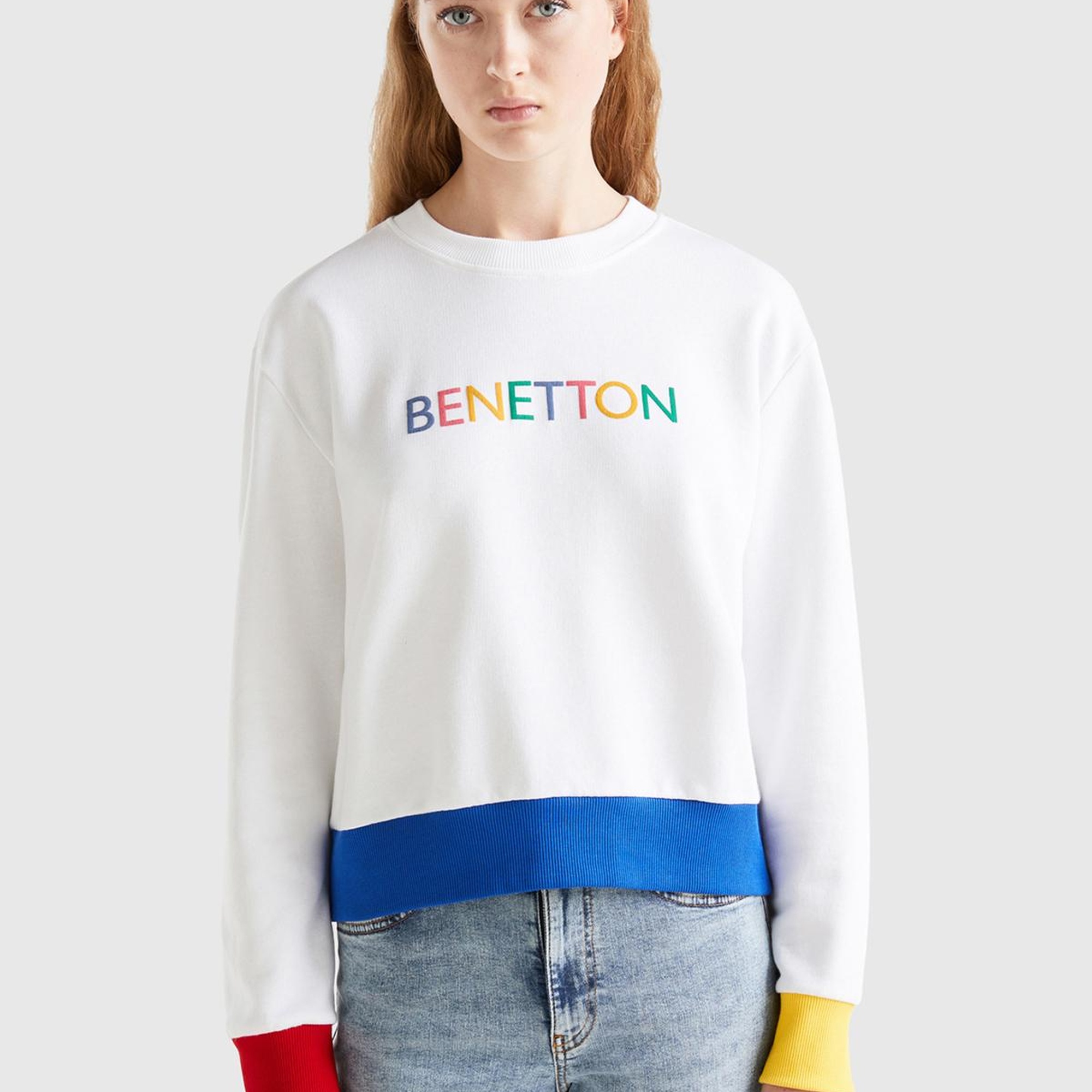Kadın Beyaz Mix %100 Koton Rahat Kalıp Benetton Yazılı Sweatshirt