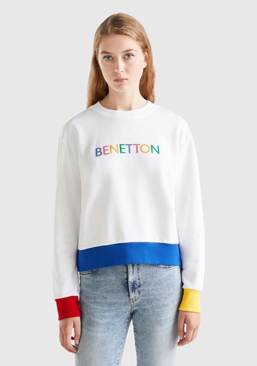  Kadın Beyaz Mix %100 Koton Rahat Kalıp Benetton Yazılı Sweatshirt