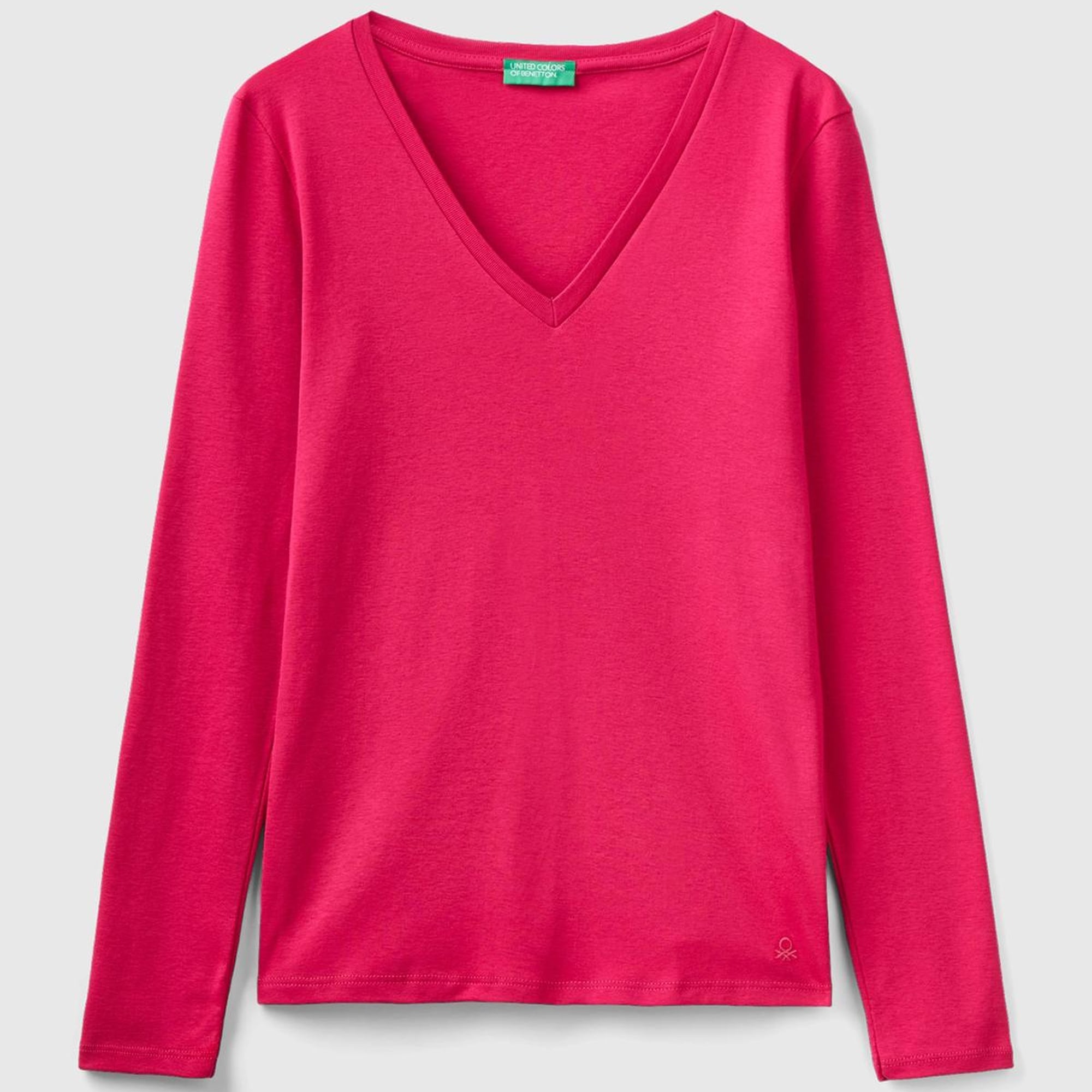 Kadın Koyu Fuşya Basic V Yaka Uzun Kollu Tshirt