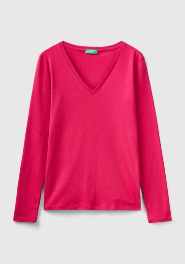  Kadın Koyu Fuşya Basic V Yaka Uzun Kollu Tshirt