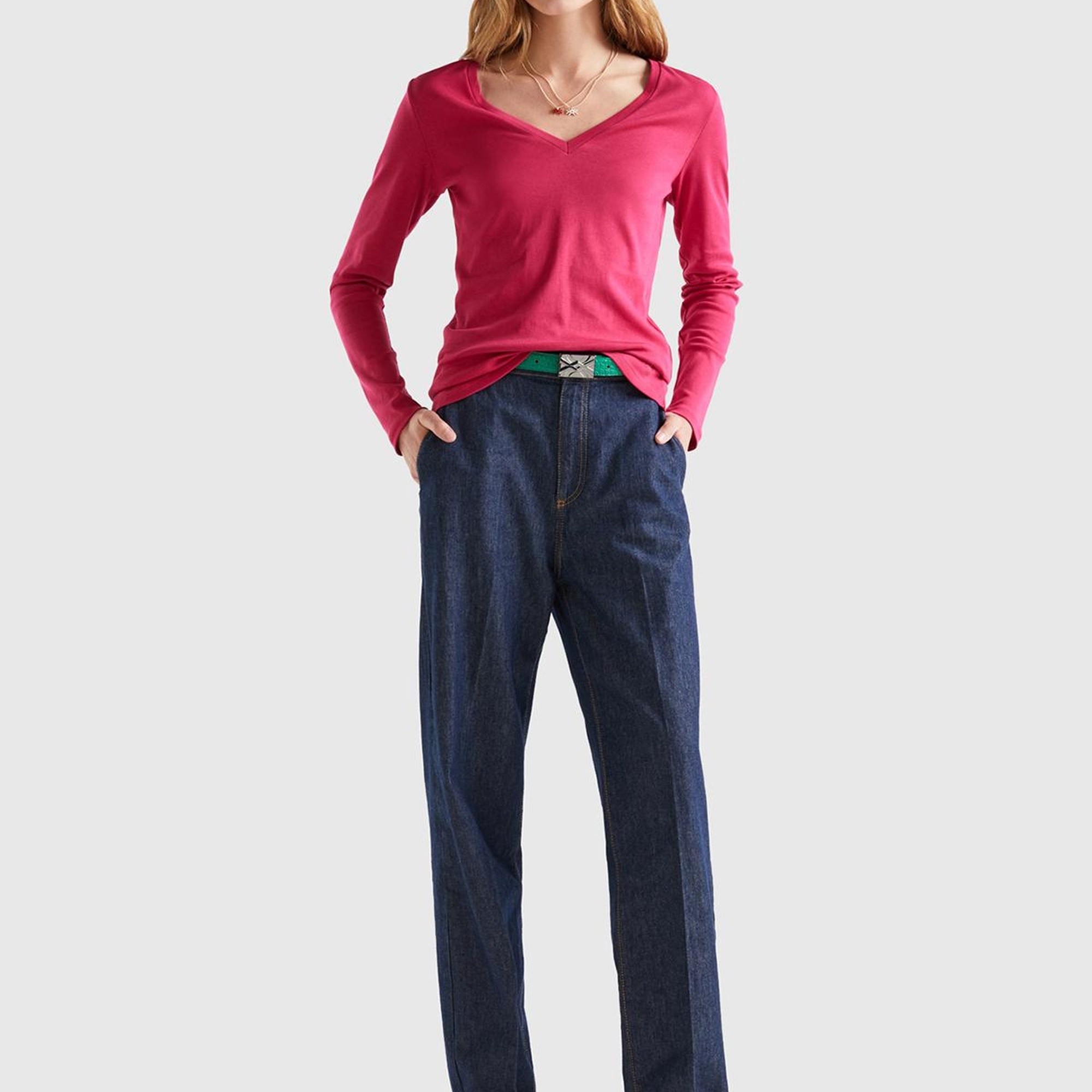 Kadın Koyu Fuşya Basic V Yaka Uzun Kollu Tshirt