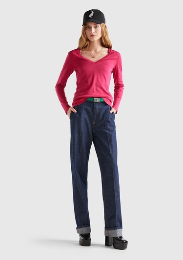  Kadın Koyu Fuşya Basic V Yaka Uzun Kollu Tshirt