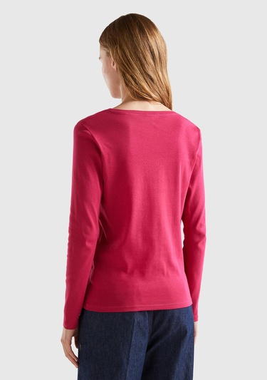  Kadın Koyu Fuşya Basic V Yaka Uzun Kollu Tshirt