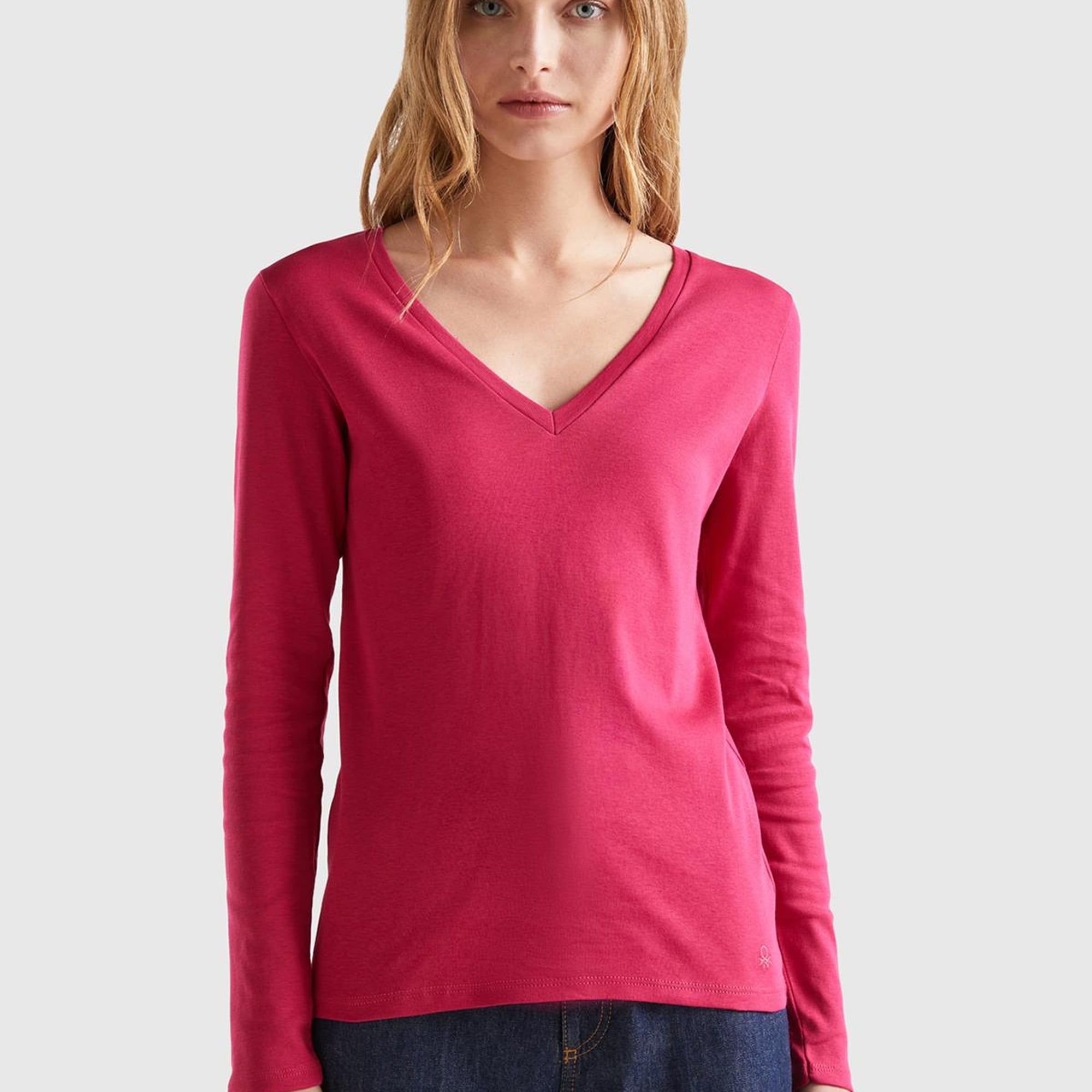 Kadın Koyu Fuşya Basic V Yaka Uzun Kollu Tshirt