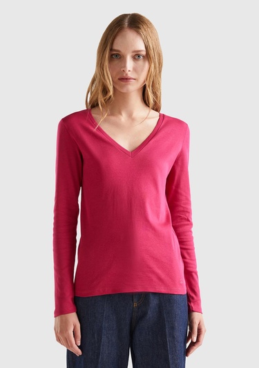  Kadın Koyu Fuşya Basic V Yaka Uzun Kollu Tshirt