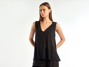  Kadın Siyah %100 Liyosel V Yaka T-Shirt