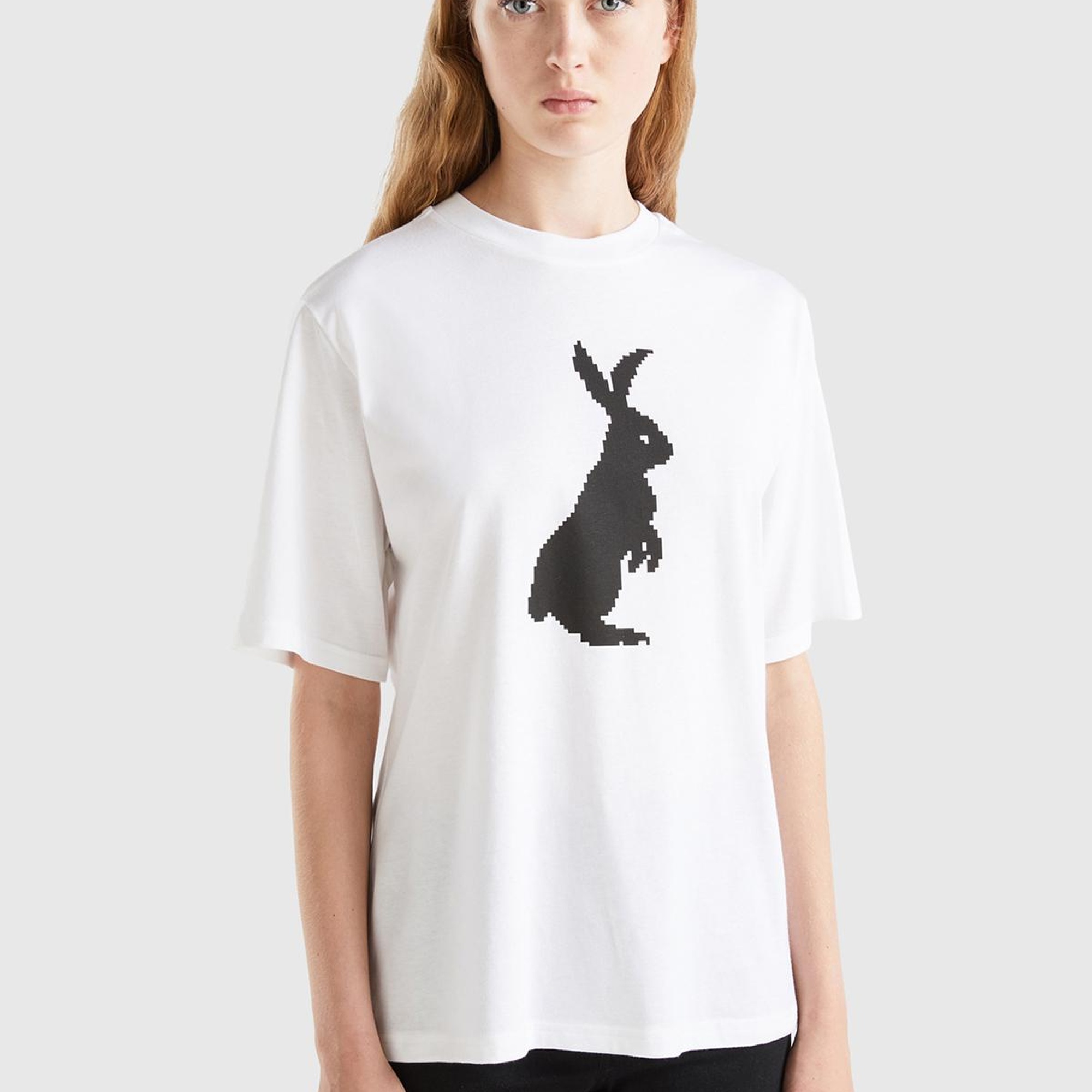 Kadın Beyaz %100 Koton Tavşan Baskılı T-Shirt